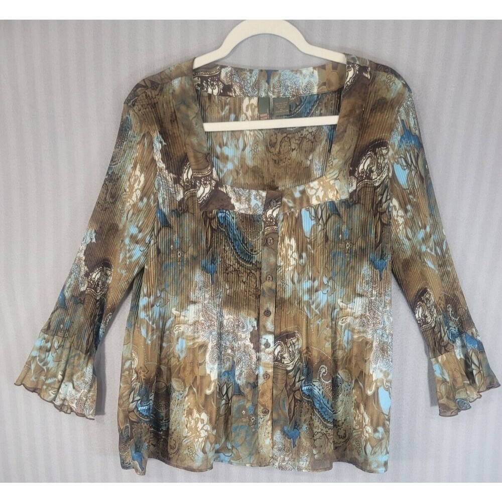 serenade new york womens top accordian pleat XL long sleeve watercolor button up